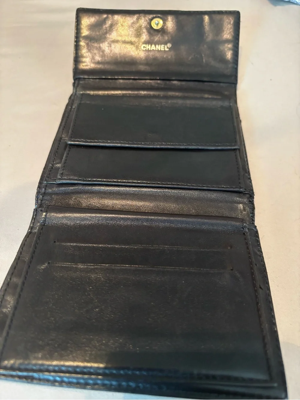 Authentic Vintage Chanel Black Lambskin Trifold Wallet - GUC- with Chanel Box